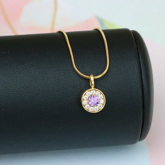 "Round Purple Crystal Pendant in Rose Gold with Halo, XPPT1590 - Picture 4 of 13